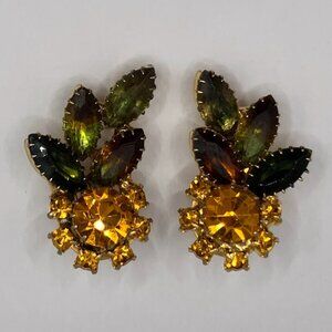 Vintage 1960s Unsigned Amber, Topaz, Peridot, Goldtone Clip-on Climber Earrings